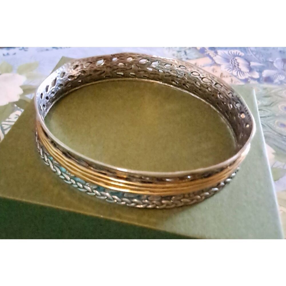 PZ Signed OR PAZ 925 Sterling & 14K Two-Tone Spinner Bangle Bracelet~Sz Average